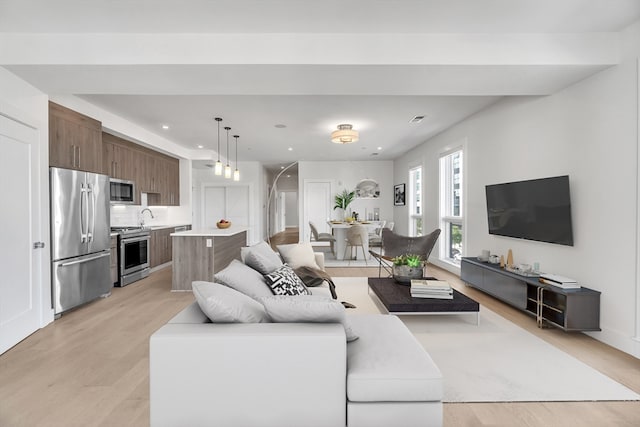 living room featuring sink and light wood-type flooring