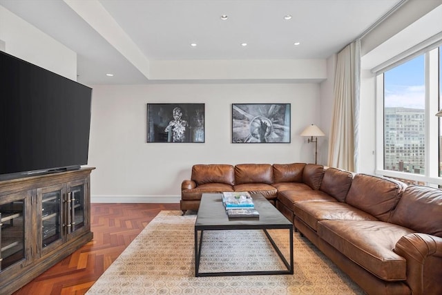 living room with dark parquet floors