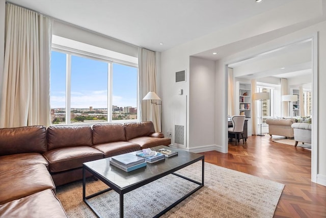 living room with parquet floors