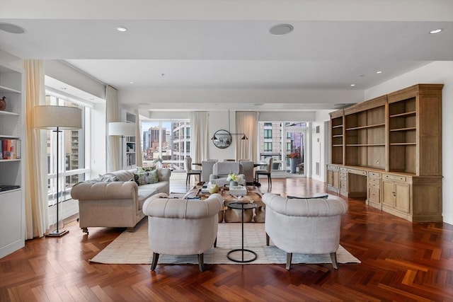 living room with dark parquet floors