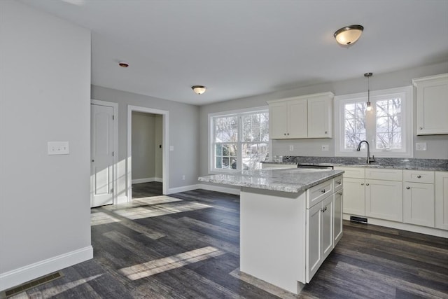 kitchen with dark hardwood / wood-style flooring, a wealth of natural light, and white cabinets