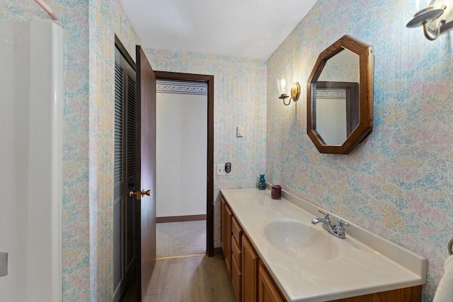 bathroom with vanity and wood-type flooring