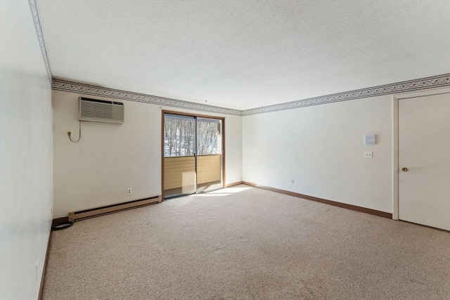 carpeted empty room with a baseboard heating unit, an AC wall unit, and a textured ceiling