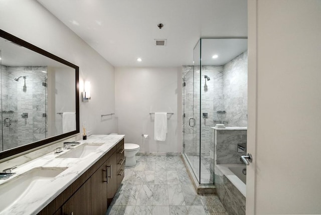 580 Washington St Unit 901, Boston, MA 02111 - full bathroom with double vanity, marble finish floors, a stall shower, a bath, and recessed lighting