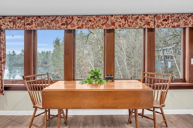 dining space featuring a water view and hardwood / wood-style flooring