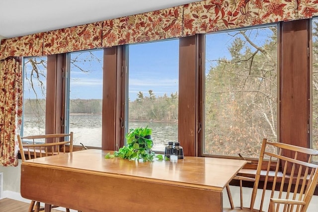 dining area with hardwood / wood-style flooring and a water view