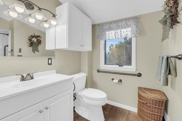 bathroom featuring vanity, hardwood / wood-style flooring, and toilet