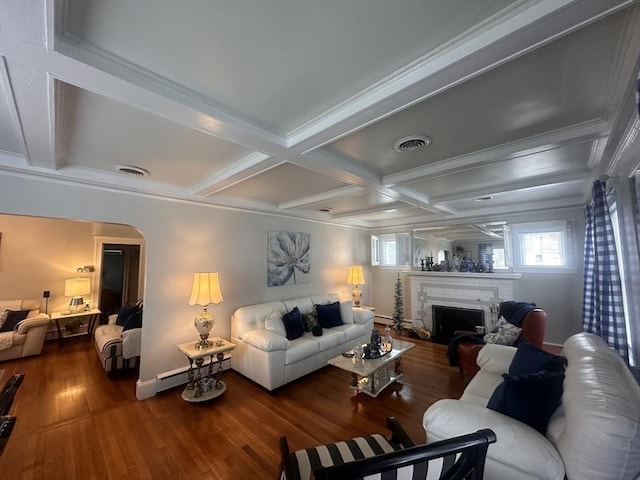 living room with hardwood / wood-style floors, a fireplace, a baseboard heating unit, coffered ceiling, and beam ceiling