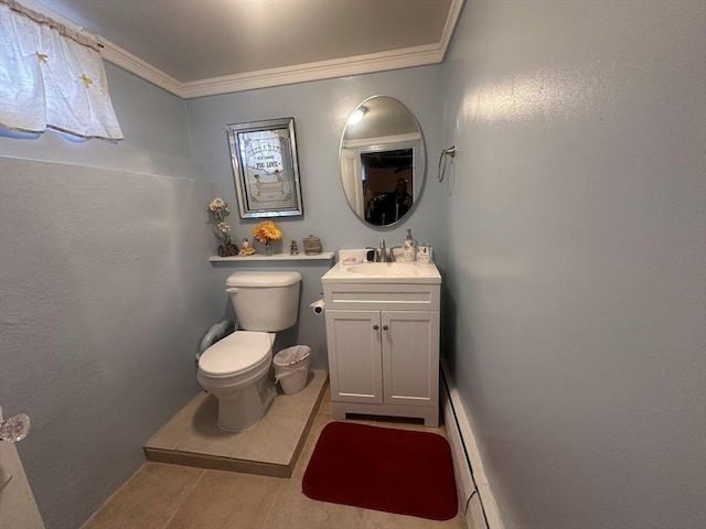 bathroom featuring tile patterned floors, ornamental molding, toilet, and vanity