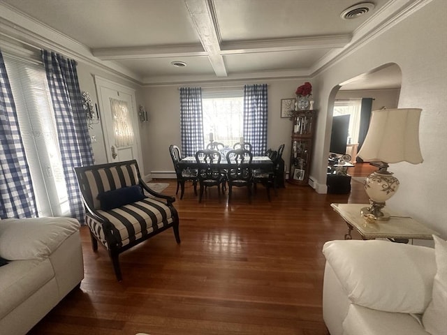 dining room with coffered ceiling, ornamental molding, dark hardwood / wood-style floors, beam ceiling, and a baseboard heating unit