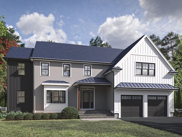 7 Bennett St, Natick, MA 01760 - modern farmhouse style home with a standing seam roof, board and batten siding, an attached garage, a front lawn, and a metal roof