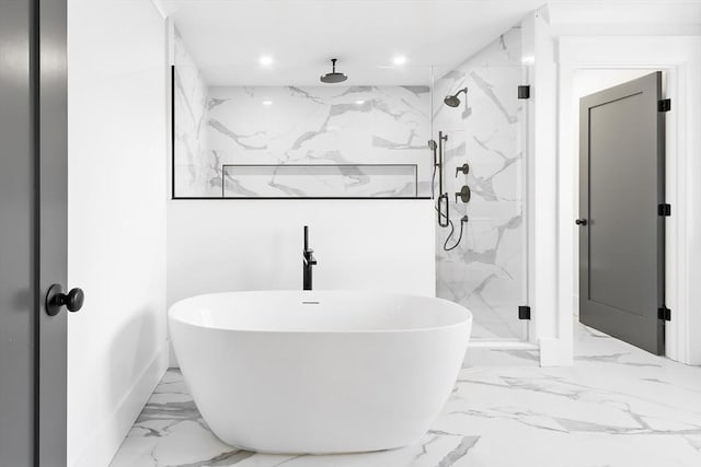 7 Bennett St, Natick, MA 01760 - full bathroom featuring marble finish flooring, a marble finish shower, a freestanding bath, and recessed lighting