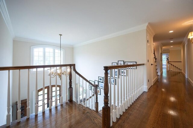 5 Copperbeech Cir, Westborough, MA 01581 - hallway featuring a chandelier, an upstairs landing, wood finished floors, ornamental molding, and recessed lighting
