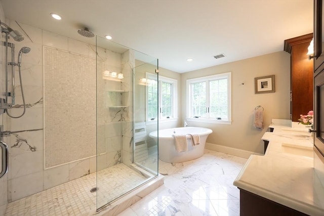 5 Copperbeech Cir, Westborough, MA 01581 - full bathroom with a stall shower, double vanity, a soaking tub, marble finish flooring, and recessed lighting