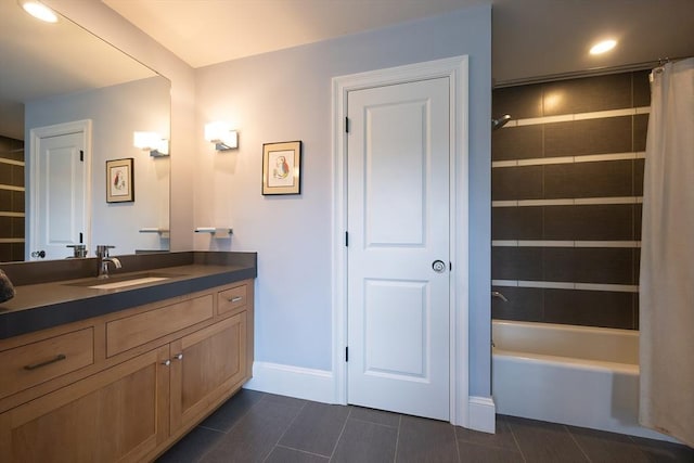 5 Copperbeech Cir, Westborough, MA 01581 - full bath featuring vanity, shower / tub combo with curtain, baseboards, recessed lighting, and tile patterned flooring