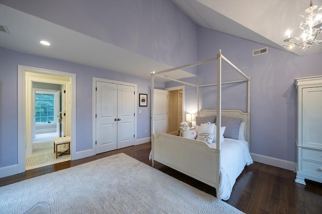 5 Copperbeech Cir, Westborough, MA 01581 - bedroom featuring wood finished floors, baseboards, a chandelier, vaulted ceiling, and recessed lighting