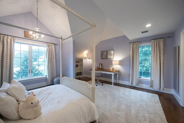 5 Copperbeech Cir, Westborough, MA 01581 - bedroom with wood finished floors, baseboards, vaulted ceiling, a chandelier, and multiple windows