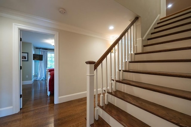 5 Copperbeech Cir, Westborough, MA 01581 - stairs with wood finished floors, baseboards, crown molding, and recessed lighting
