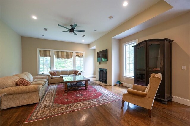 5 Copperbeech Cir, Westborough, MA 01581 - living room featuring wood finished floors, a ceiling fan, a fireplace, baseboards, and recessed lighting