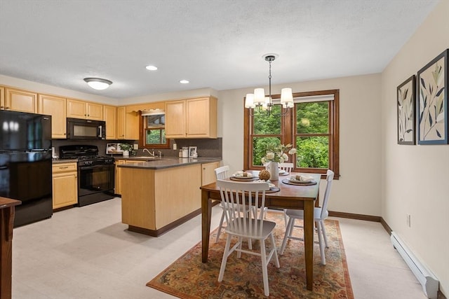 52 Diana Dr, Marlborough, MA 01752 - kitchen featuring black appliances, a baseboard radiator, light brown cabinetry, dark countertops, and recessed lighting