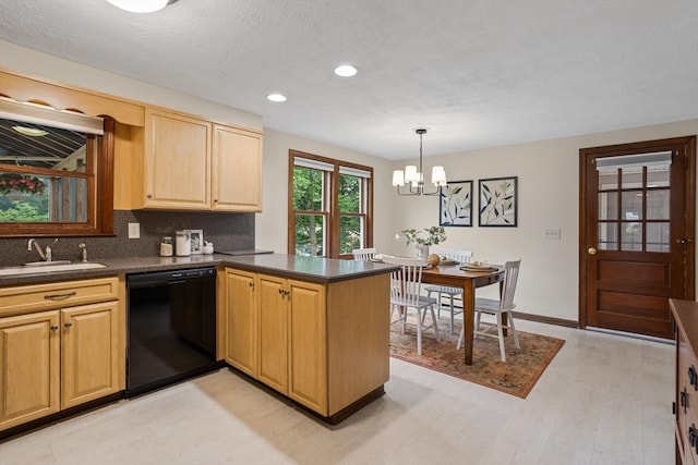 52 Diana Dr, Marlborough, MA 01752 - kitchen featuring dishwasher, a chandelier, a peninsula, dark countertops, and a textured ceiling