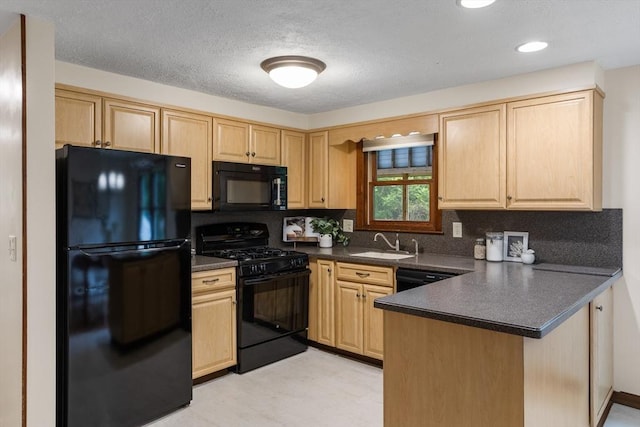 52 Diana Dr, Marlborough, MA 01752 - kitchen featuring black appliances, dark countertops, a peninsula, light brown cabinetry, and recessed lighting