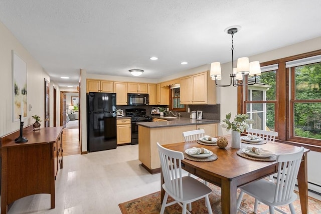52 Diana Dr, Marlborough, MA 01752 - kitchen featuring black appliances, light brown cabinets, dark countertops, a chandelier, and recessed lighting