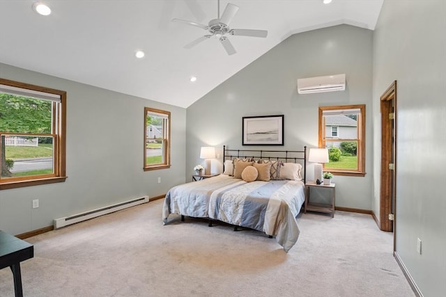 52 Diana Dr, Marlborough, MA 01752 - bedroom featuring a baseboard radiator, a wall unit AC, light carpet, recessed lighting, and high vaulted ceiling