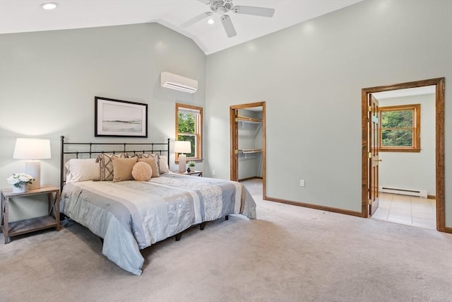 52 Diana Dr, Marlborough, MA 01752 - bedroom featuring light colored carpet, a baseboard radiator, a wall unit AC, high vaulted ceiling, and a spacious closet