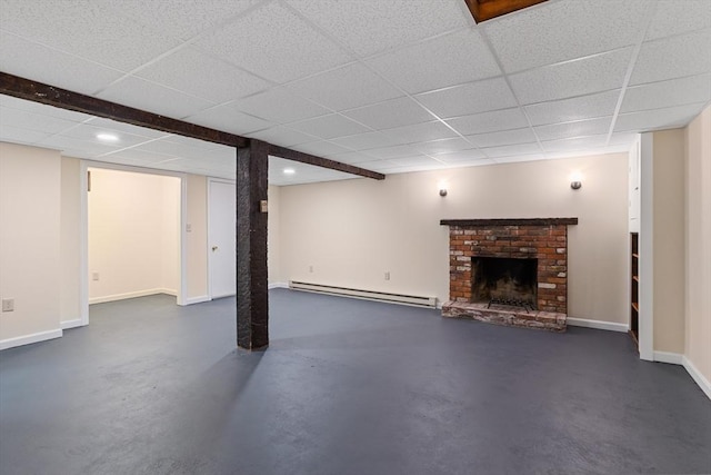 52 Diana Dr, Marlborough, MA 01752 - finished below grade area with a baseboard heating unit, a paneled ceiling, a brick fireplace, and recessed lighting