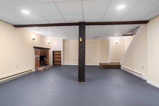 52 Diana Dr, Marlborough, MA 01752 - finished basement featuring baseboard heating, a brick fireplace, a paneled ceiling, recessed lighting, and stairs