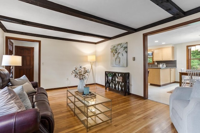 52 Diana Dr, Marlborough, MA 01752 - living area with beam ceiling, light wood-style floors, and recessed lighting