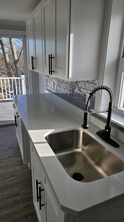 kitchen with sink, white cabinetry, and dark hardwood / wood-style flooring