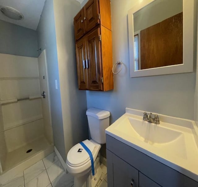 bathroom with a shower, vanity, and toilet