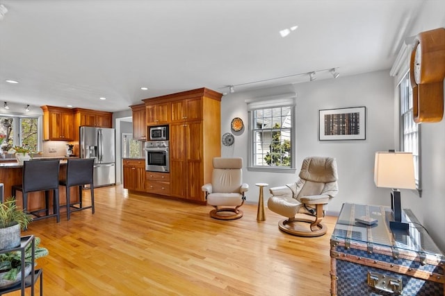 living room with recessed lighting, light wood finished floors, and rail lighting