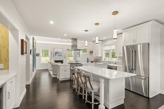 16 Primrose Ln Unit 16, Ipswich, MA 01938 - kitchen featuring premium appliances, island range hood, dark wood-style flooring, light countertops, and recessed lighting