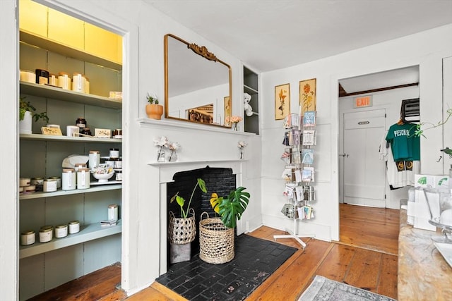 living room featuring a fireplace and hardwood / wood-style floors