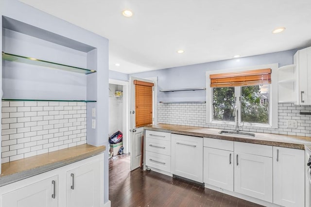 19 Doane Unit 1, Lowell, MA 01851 - kitchen featuring open shelves, a sink, decorative backsplash, and recessed lighting