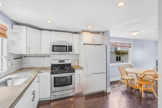 19 Doane Unit 1, Lowell, MA 01851 - kitchen with appliances with stainless steel finishes, a sink, backsplash, dark wood-type flooring, and recessed lighting