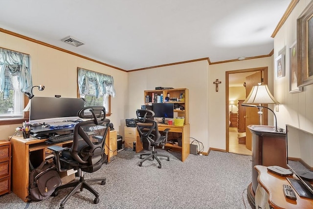 carpeted home office featuring crown molding and baseboards