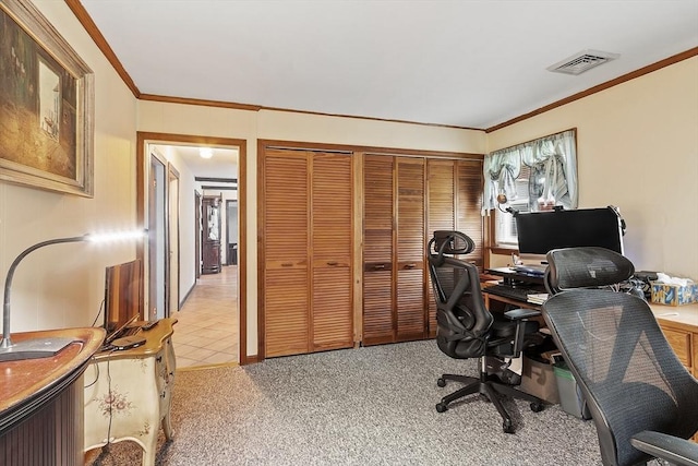 office space featuring ornamental molding and light carpet
