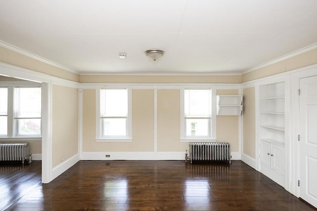 139 Endicott St, Worcester, MA 01610 - unfurnished living room featuring radiator heating unit, crown molding, wood finished floors, and baseboards