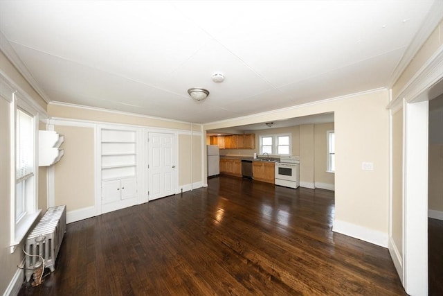 139 Endicott St, Worcester, MA 01610 - unfurnished living room featuring dark wood-style floors, baseboards, ornamental molding, radiator heating unit, and a sink
