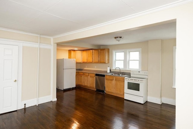 139 Endicott St, Worcester, MA 01610 - kitchen with white appliances, dark wood-style flooring, a sink, crown molding, and baseboards