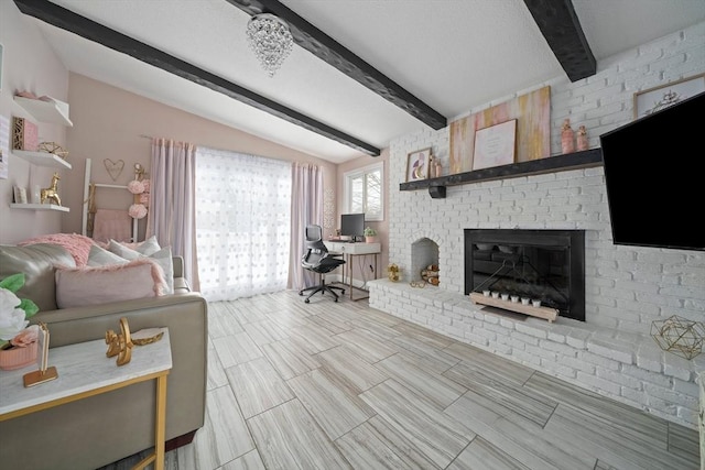 living area with lofted ceiling with beams and a fireplace