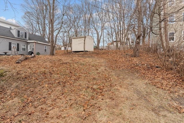 view of yard with a storage shed