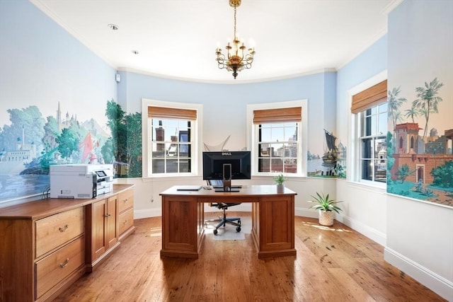 101 Pinckney St, Boston, MA 02114 - office area featuring an inviting chandelier, light wood-style floors, crown molding, and baseboards