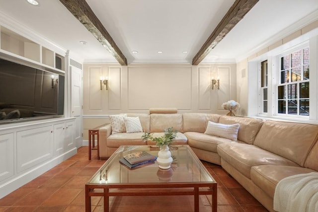 101 Pinckney St, Boston, MA 02114 - tiled living room featuring ornamental molding, a decorative wall, and beamed ceiling