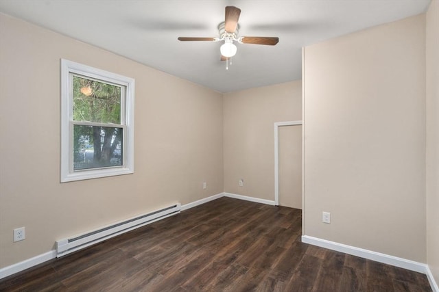 404-406 Franklin St, Springfield, MA 01104 - unfurnished room featuring a baseboard radiator, dark wood-type flooring, ceiling fan, and baseboards