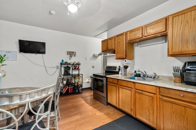 404-406 Franklin St, Springfield, MA 01104 - kitchen featuring stainless steel electric range, a sink, under cabinet range hood, light wood-type flooring, and brown cabinetry